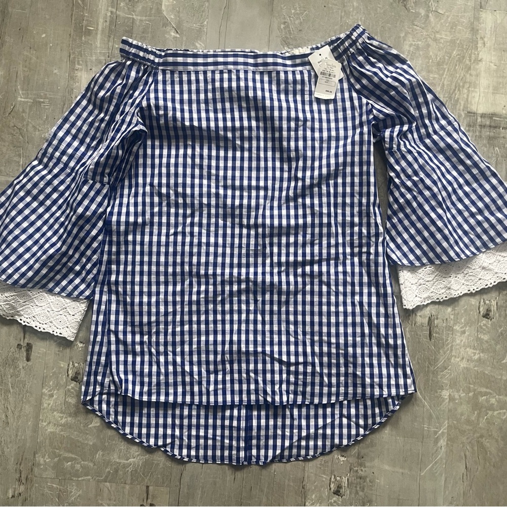 Neiman Marcus Blue and White Gingham Off-Shoulder Blouse size small NWT
